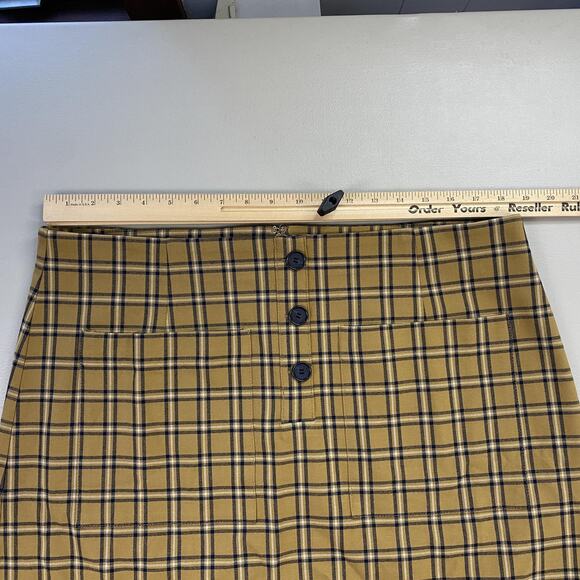 LOFT Mini Skirt Womens 16 Tan Plaid Button Pockets Autumn Neutral Academia 38x20 - Picture 4 of 11